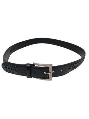 Black Leather Belt Braided Accent & Silver-Tone Buckle Size 100 CM / 39 Inch D4Z